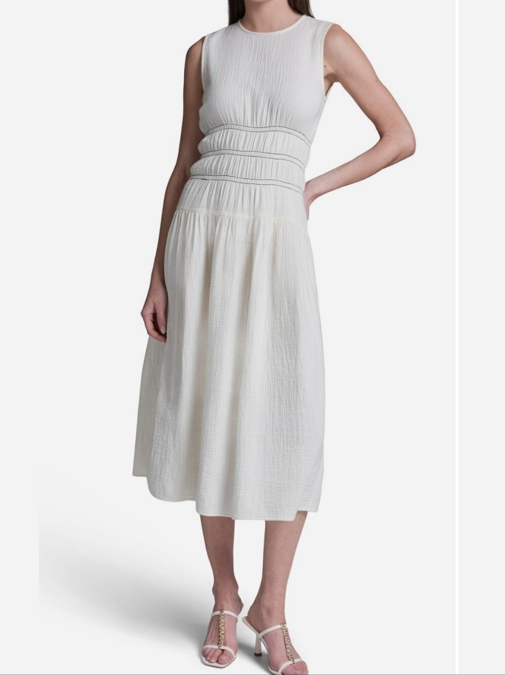 BCBG Size 2 Cream & Black Sleeveless Cotton Double Gauze Midi Dress Msrp $118